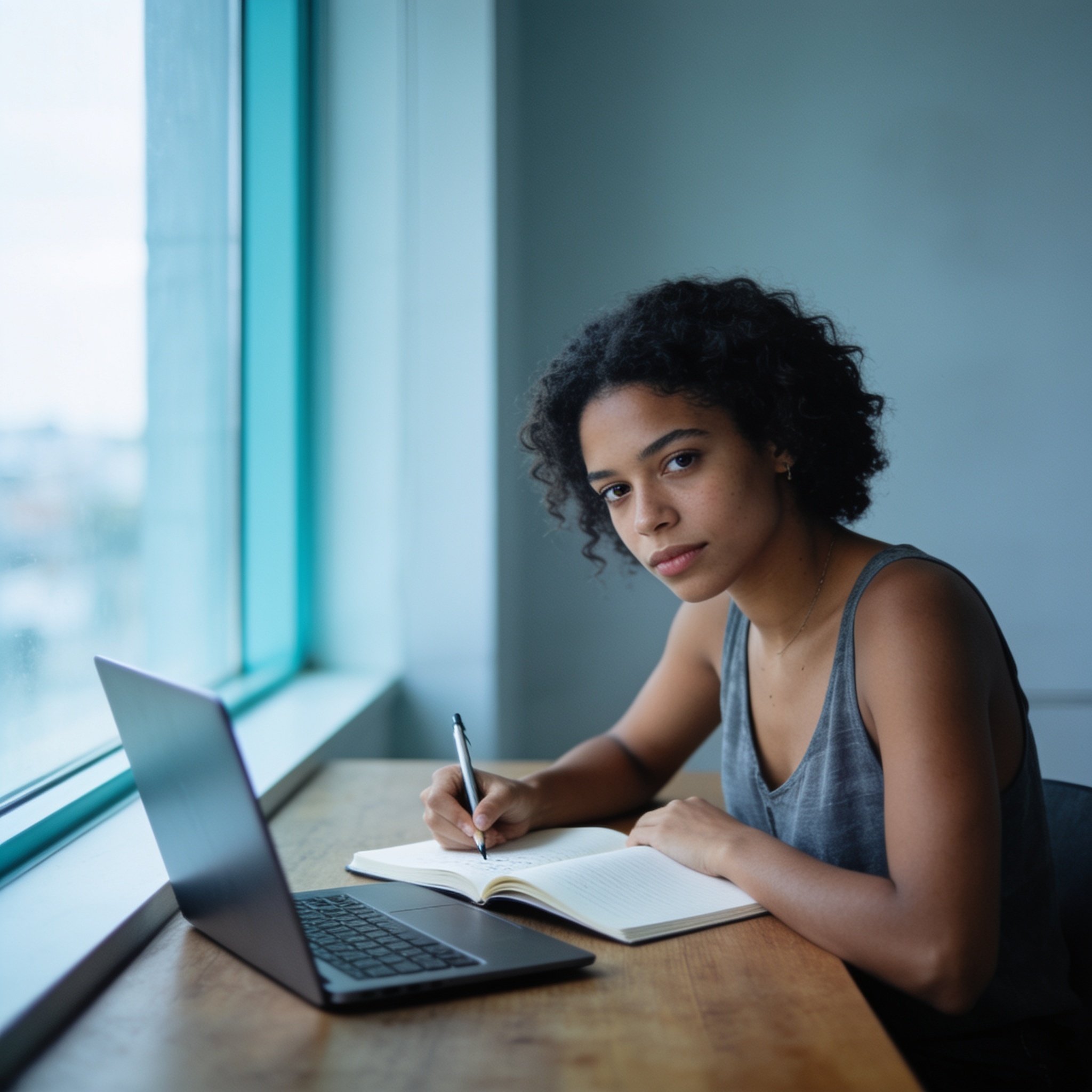 Pessoa estudando psicologia diante de um computador, em ambiente tranquilo